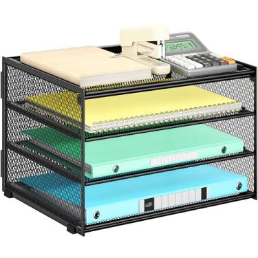 Imagem de Lavatino Organizador de papel de mesa com 3 camadas – Organizador de bandeja de arquivo de metal de malha preta para mesa, material de escritório e organização doméstica | Serve para papel A4/carta