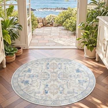 Imagem de jinchan Tapete redondo de 1,2 m para ambientes internos, vintage, floral, círculo, 1,2 m, lavável, ultrafino, pilha baixa, macia, antiderrapante, estampa envelhecida para sala de estar, sala de jantar
