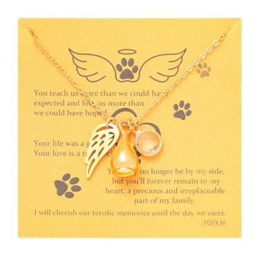 Imagem de TGOLM Colar de urna animal de estimação para presente de simpatia por perda de animais de estimação para cinzas, pingente de asa de anjo, pedra do mês de nascimento, joia de lembrança de cremação para