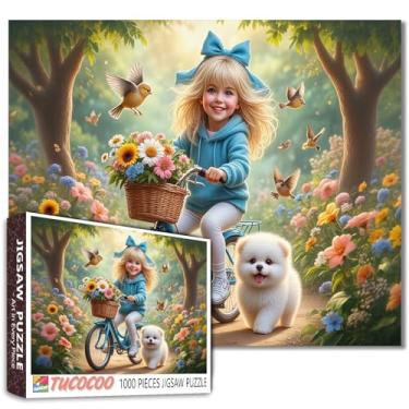 Imagem de Tucocoo Quebra-cabeça de 1000 peças para adultos, linda garota na bicicleta com filhote de cachorro e flores – quebra-cabeça de fantasia caprichoso para adultos, quebra-cabeça artístico cênico e