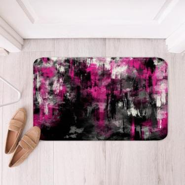 Imagem de jejeloiu Tapetes de banheiro geométricos abstratos 51 x 81 cm tapetes de banho para crianças rosa choque preto arte moderna acessórios de banheiro macios antiderrapantes tapetes geométricos decoração