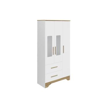 Imagem de Guarda Roupa Bebê c/ 3 Portas (2 Cristal) e 2 Gavetas Popy Retrô Branco/Amendoa - Peroba