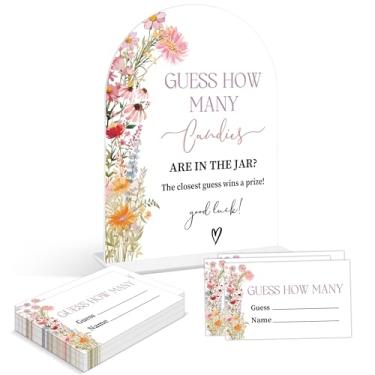 Imagem de Jogos de chá de bebê - Wildflower Guess How Many Doces Are in the Pote, 1 placa de acrílico de arco e 50 cartas de adivinhação, jogo de revelação de gênero, suprimentos de decoração floral para chá de