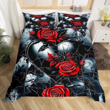 Imagem de Erosebridal Capa de edredom com flores de rosa vermelha, conjunto de cama King para crianças, adultos, homens e mulheres, capa de edredom de teia de aranha preta estilo gótico, capa de cama floral com
