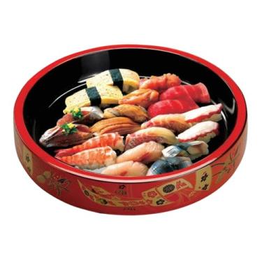Imagem de Bandeja de servir sushi vermelha com arte tradicional – Bandeja redonda de sashimi e prato de frutos do mar, bandeja de plástico laqueada japonesa para casamentos, festas, churrascos e eventos com
