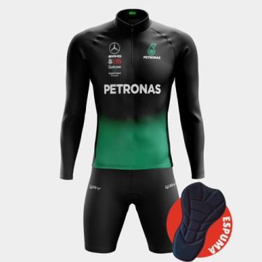 Imagem de Conjunto Ciclismo Masculino - Camisa Petronas Preta Manga Longa e Berm