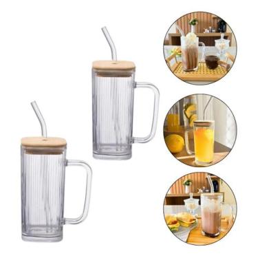 Imagem de Kit com 2 Canecas de Vidro Hauskraft com Tampa de Bambu e Canudo  Esti