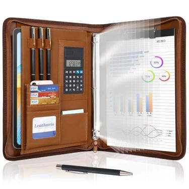 Imagem de Leathario Fichário de portfólio, organizador de pastas de 3 anéis, inclui 5 protetores de folha e 1 caneta, pasta A4 de couro vegano com bloco de notas, organizador profissional de documentos para