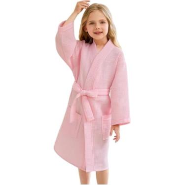 Imagem de Roupão De Banho Para Crianças E Meninas Com Waffle De Algodão, Roupão De Banho Para Meninas Com Pente De Mel Xadrez Kimono Robe, Pink, 10-15 T