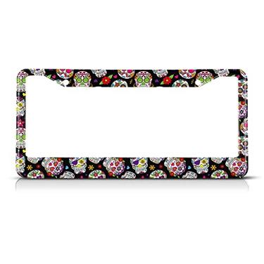 Imagem de Beabes Moldura de placa de carro Day of the Dead Auto Tag Frames Floral License Plates Holder 2 Holes Sugar Skull Gothic Halloween decorativo carro caminhão motocicleta placa de licença etiqueta para
