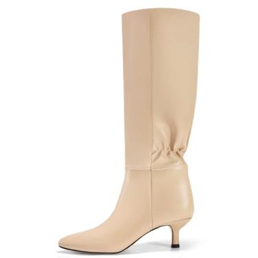 Imagem de Coutgo Botas femininas até o joelho salto gatinho bico fino botas longas com elástico vestido de inverno botas altas, Caqui, 40