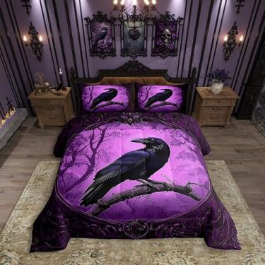 Imagem de Erosebridal Conjunto de edredom de corvo tamanho casal para crianças, meninos e meninas, conjunto de cama gótico de Halloween, tema de terror para todas as estações, conjunto de edredom de animais