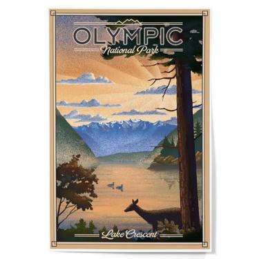 Imagem de Lantern Press Decoração de parede com impressão artística de 30 x 45 cm, Parque Nacional Olímpico, Washington, Lake Crescent, Litografia