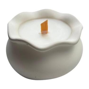 Imagem de Generic Castiçal de cerâmica branca moderna com vela perfumada de baunilha, pavio de madeira natural, em forma de coração, recipiente decorativo reutilizável (tigela de borda ondulada)