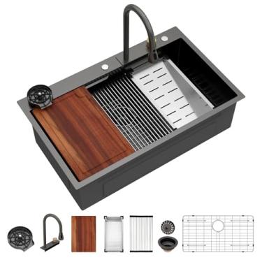 Imagem de Pia de cozinha com cascata de 91 cm, preta, pias inteligentes para estação de trabalho com torneira de aço inoxidável, calibre 16, pias de montagem superior de tigela única 91 x 56 x 55 cm