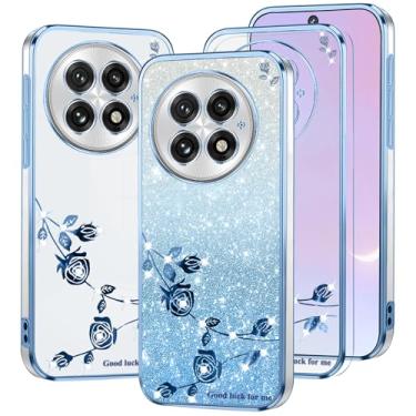 Imagem de Kainevy Capa de telefone para Oneplus 13 transparente com glitter floral, linda e fina para Oneplus 13 capa protetora de silicone à prova de choque para mulheres meninas capa brilhante estética (azul)