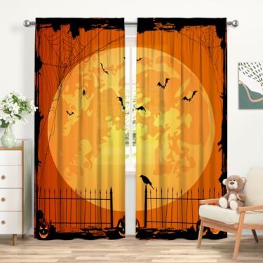 Imagem de YCUCUEI Cortinas laranja de Halloween para sala de estar, grande, com remendo de abóbora, lua, varão, bolso de bruxa, cortinas de janela para quarto e decoração de casa, conjunto de 2 painéis, 200 x