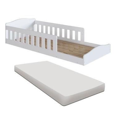 Imagem de Cama Com Colchão Solteiro Montessoriana Infantil Proteção Lateral Branco Completa Móveis Branco