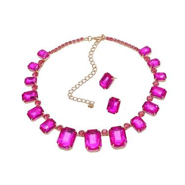 Imagem de Conjunto Colar Brinco Choker Gargantilha Zircônia Cúbica Fúcsia Rosa Pink - Festa Formatura Debutante Canaval - Presente Namorada Mãe - Maximalista Luxo Vintage