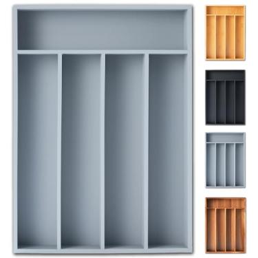 Imagem de Organizador de talheres, organizador de utensílios de 25 cm, organizador de gaveta de cozinha, suporte de talheres de bambu, bandeja organizadora de talheres em gaveta (5 compartimentos, cinza)