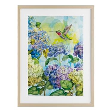 Imagem de Stupell Industries Impressão emoldurada de hortênsias de primavera com beija-flor bétula sob vidro por Tim Coffey, 23 x 17