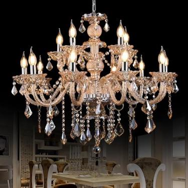 Imagem de Afficat Lustre de cristal moderno com 15 luzes, luxuoso conhaque K9 lustre de cristal luminárias 2 camadas de luz de cristal para sala de estar, saguão, escada, sala de jantar (15 luzes)