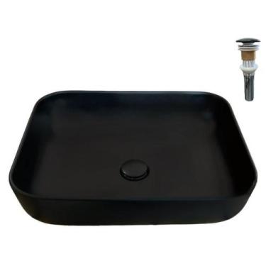 Imagem de Cuba Sobrepor Cerâmica Banheiro Retangular Preta Com Válvula - Stillus