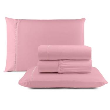Imagem de Jogo de Lençol Queen 4 Peças Micropercal 400 Fios Ponto Palito – Toque Macio Premium Hotel, Antiácaro e Não Faz Bolinha, Conforto e Elegância (Rosê)