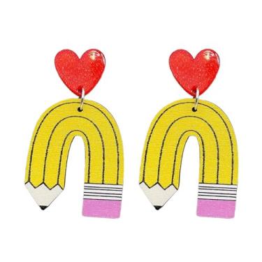 Imagem de Brincos pendentes de professor, brincos de volta às aulas, lápis colorido, livro de maçã, arco-íris, brincos para mulheres, professores, graduação, joias de volta às aulas, Large, Madeira, Sem pedra