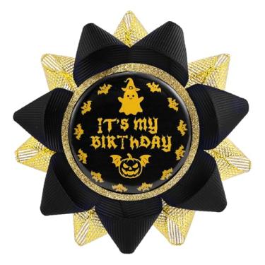 Imagem de Botão It's My Birthday, broche de botão de aniversário com fita de flandres criativo preto e dourado para adolescentes, mulheres, homens, decorações de festa de Halloween e presentes