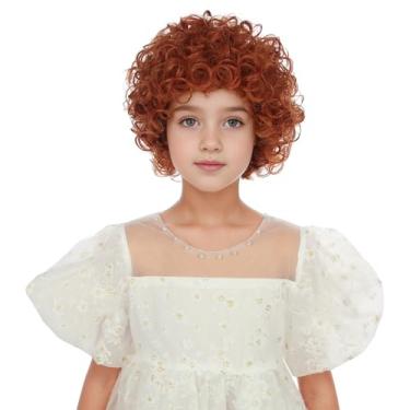 Imagem de Edivd Peruca laranja escura para crianças, curto, laranja, ondulado, encaracolado, feminino, laranja, festa, cosplay, cabelo sintético resistente ao calor com touca