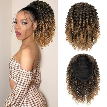 Imagem de rosmile Extensão de rabo de cavalo cacheado curto 1B-27 Premium Ombre Brown 25,4 cm com cordão de rabo de cavalo encaracolado com dois clipes de rabo de cavalo afro sintético para mulheres negras
