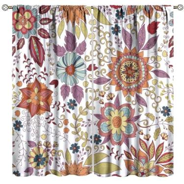 Imagem de Cortinas florais boêmias, retrô, modernas, abstratas, coloridas, estampa de flores, cortinas para quarto, sala de estar, cozinha, janela, tratamento de 2 painéis, conjunto de 2 painéis, tamanho total