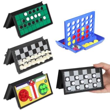 Imagem de 5 in 1 Mini Magnetic Board Travel Games Set with 4 Foldable Chess Boards and 5 Sets of Chess Pieces, Checkers Games with Storage Bag, Small Board Games for Road Trip, Camping, Party
