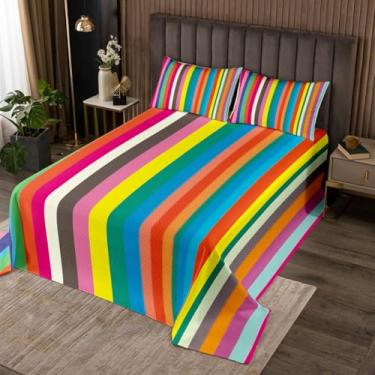 Imagem de Homewish Conjunto de colcha com listras coloridas, tamanho Queen, para crianças, meninos e meninas, conjunto de colcha com listras artísticas, colcha moderna, 3 peças, roupa de cama decorativa