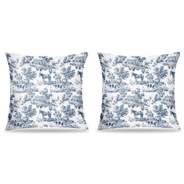 Imagem de FITIE Conjunto de 2 capas de travesseiro azul e branco Chinoiserie Farm Life 45,7 x 45,7 cm, decoração de casa Grandmillennial, French Country Toile de Jouy, capa decorativa de animais para casa, sala