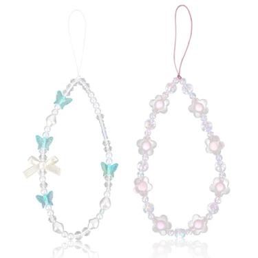 Imagem de 2un. Pulseira Telefone Miçangas, Cristal Borboleta Flor Pérola Pulseira Pulso Miçangas para Telefone Charm Chaveiro Fofo Acessórios para Mulheres (Branco, Azul)