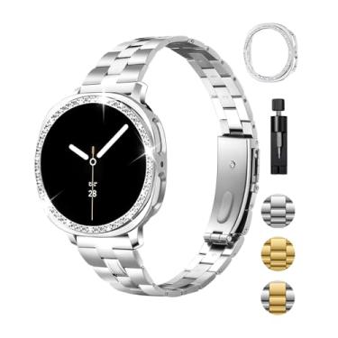 Imagem de Pulseira de metal e capa brilhante compatível com Samsung Galaxy Watch 8 de 40 mm, elegante pulseira de aço inoxidável afunilada com capa protetora de policarbonato brilhante para Samsung Watch 8 de