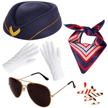 Imagem de Gvhntk Peças Acessórios Para Fantasia De Comissária Bordo Feminina, Trajes Aeromoça, Chapéu, Broche, Óculos Sol, Cachecol, Luvas, Azul Escuro