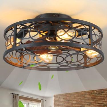 Imagem de HUEOCZW Ventiladores de teto pequenos de 50,8 cm com luzes e controle remoto, ventilador de teto preto de baixo perfil com luz, luzes de ventilador sem lâmina de montagem embutida para quarto, sala de