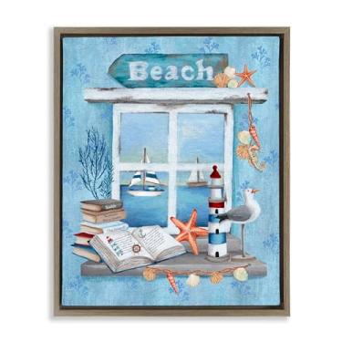 Imagem de Stupell Industries Beachy Coastal Window Sill Brown Framed Floater Canvas Wall Art, design por Emma Leach, 78 x 63 cm