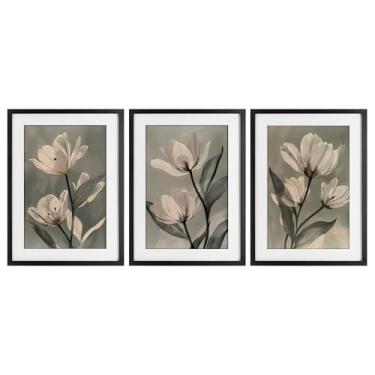 Imagem de Stupell Industries Flower Trios Portraits 3 peças impressão emoldurada preta sob o conjunto de vidro, design por Annabelle Hall, 23 x 17