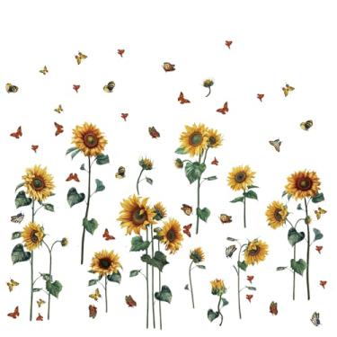Imagem de Adesivos de parede de girassol aquarela decalque de parede flor amarela borboleta decoração de parede girassol papel de parede janela adesivos arte mural para crianças meninas quarto cozinha berçário