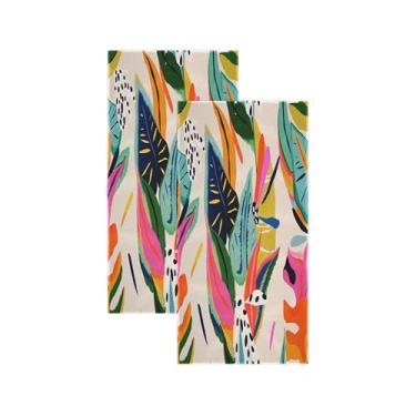 Imagem de PAOPOED Conjunto de 2 toalhas de mão coloridas, boho floral arte abstrata moderna folha de planta de selva macia absorvente pequena toalha de banho prato de cozinha toalha de hóspedes para banheiro