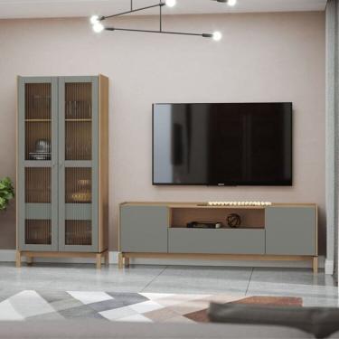 Imagem de Conjunto Cristaleira 1,80 + Rack 2 Portas 1 Gaveta - Linha Barcelona Oak/Ferrolack