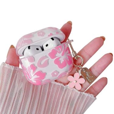 Imagem de MINSCOSE Capa transparente compatível com AirPods 4, design estético com estampa de flor de desenho fofo com chaveiro floral, capa protetora de TPU macio à prova de choque para AirPods 4 para meninas