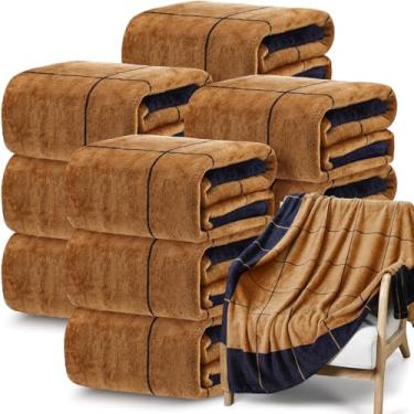 Imagem de Tinideya 12 mantas de flanela de lã xadrez a granel cobertores de lã xadrez leves e quentes para cama, sofá, presentes de casamento para todas as estações 127 x 152 cm (preto marrom)