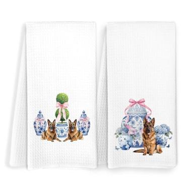 Imagem de FITIE Presentes de pastor alemão toalhas de cozinha, porcelana azul e branca chinoiserie toalhas de chá de pastor alemão, toalha de mão decorativa de cachorro de hortênsia Grandmillennial para