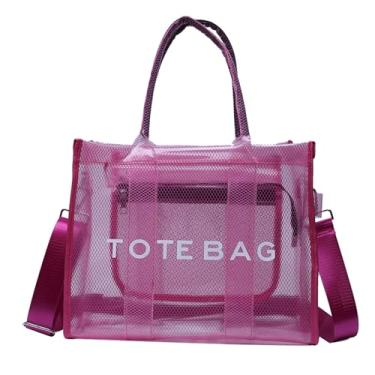 Imagem de WREWING Sacola transparente para mulheres, bolsa de praia de malha grande, bolsa transversal transparente de PVC com zíper, bolsa de estádio para esportes de viagem, Vermelho rosa, Moderno