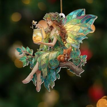 Imagem de Enfeite de acrílico de vitral de fada – Fada da floresta encantada com esquilo, decoração de apanhador de sol de janela suspensa, enfeite de Natal caprichoso presente para mulheres e meninas (Sun-32)